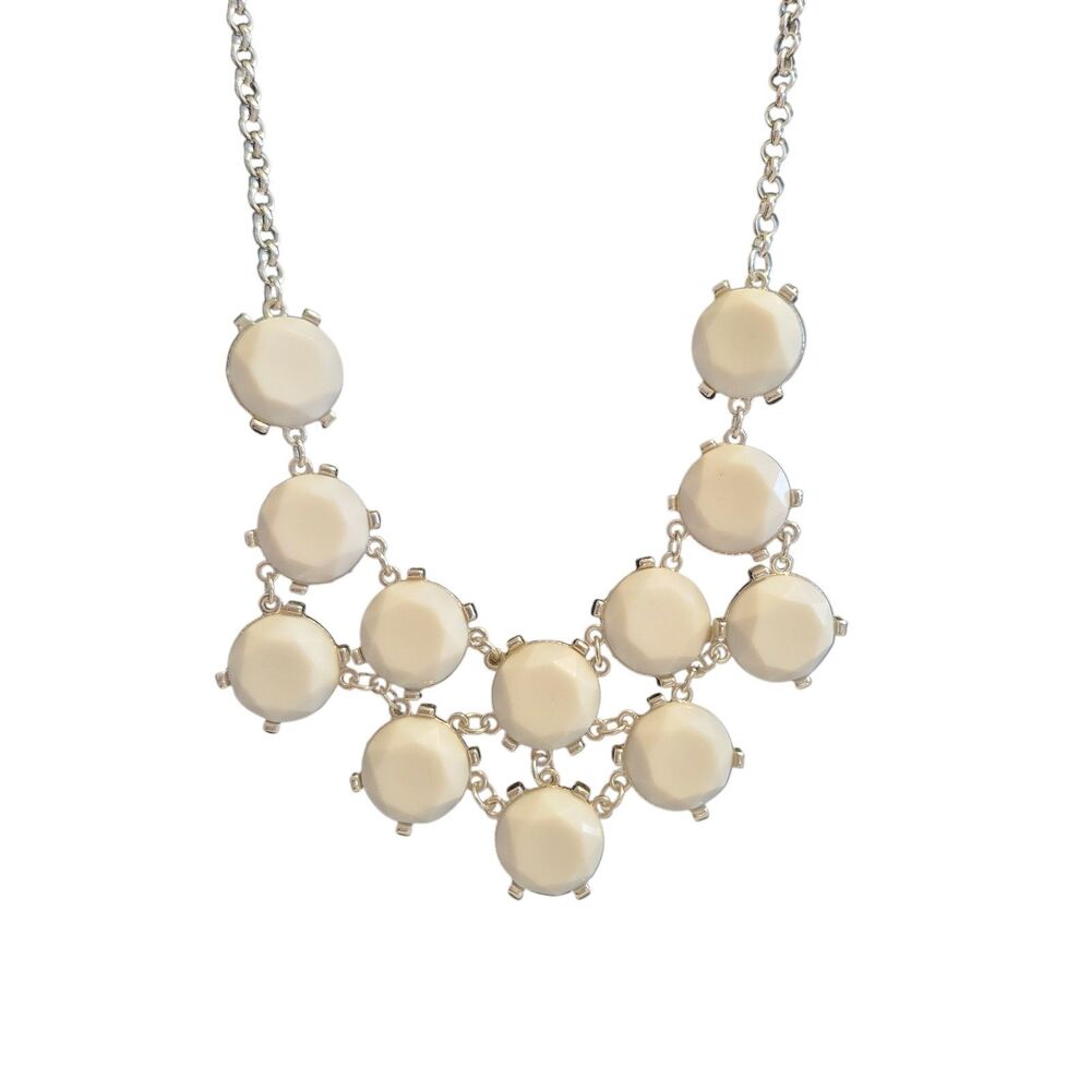 White Round Faceted Bib Necklace 22" Think Silver-Tone Chain